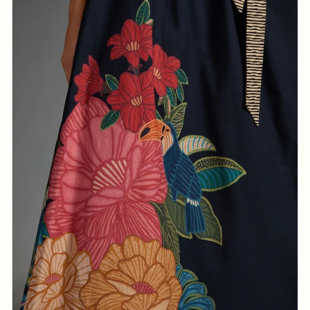Anthropologie Farm Rio Tropical Maxi Skirt Floral Tie Bow Elastic Blue Motif - Picture 3 of 8